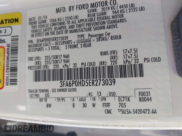 2014 Ford Fusion SE with VIN 3FA6P0HD5ER273039, listed as a IAAI auction lot 42221553 with 82,755 mi miles and . Bid and sale history available at DreamBid. Image 9.