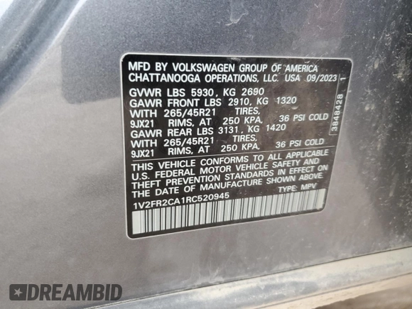 2024 Volkswagen Atlas SEL Premium R-Line with VIN 1V2FR2CA1RC520945, listed as a Copart auction lot 44778565 with 25,003 mi miles and Salvage title. Bid and sale history available at DreamBid. Image 13.