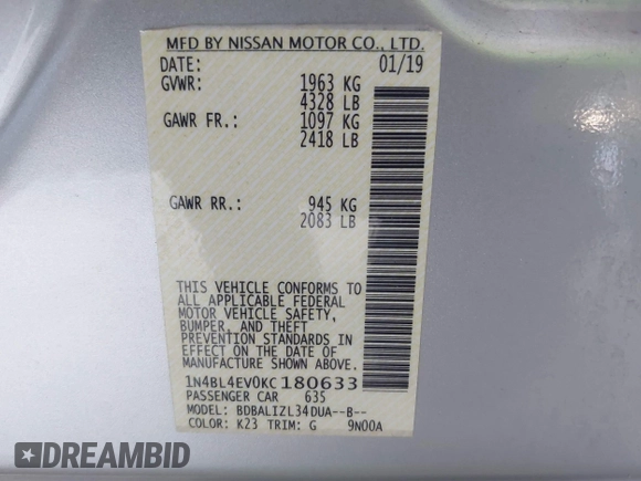 2019 Nissan Altima 2.5 SL with VIN 1N4BL4EV0KC180633, listed as a IAAI auction lot 41770419 with 113,740 mi miles. Bid and sale history available at carsss.com. Image 9.
