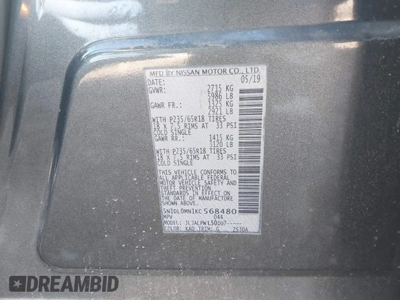 2019 Infiniti QX60 LUXE with VIN 5N1DL0MN1KC568480, listed as a IAAI auction lot 41358947 with 110,972 mi miles. Bid and sale history available at carsss.com. Image 9.