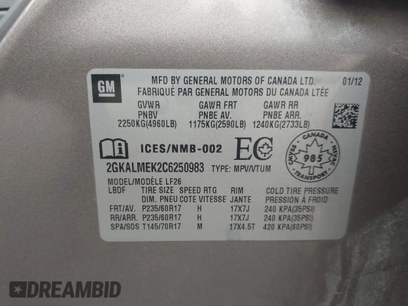 2012 GMC Terrain SLE-1 with VIN 2GKALMEK2C6250983, listed as a IAAI auction lot 42658921 with 175,460 mi miles and . Bid and sale history available at DreamBid. Image 9.