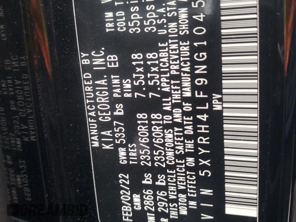 2022 Kia Sorento EX z VIN 5XYRH4LF9NG104561, wystawiony jako Copart lot #85367444 z przebiegiem 51 908 mil mil oraz Szkoda całkowita • Salvage title. Historia ofert i sprzedaży dostępna na DreamBid. Obrazek 13.