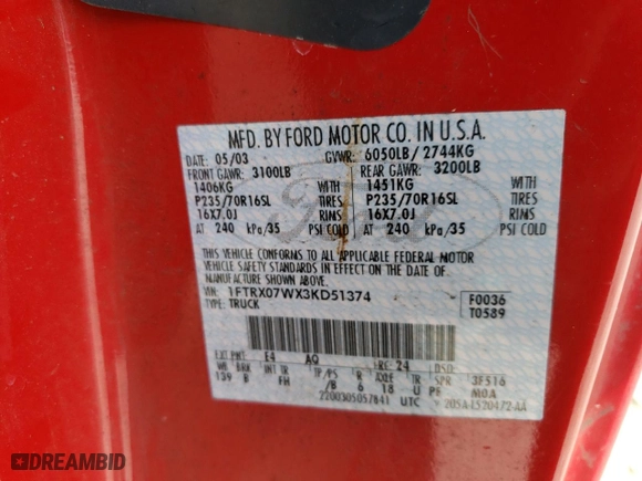 2003 Ford F-150 XL with VIN 1FTRX07WX3KD51374, listed as a Copart auction lot 71796464 with 130,319 mi miles and Salvage Title. Bid and sale history available at carsss.com. Image 14.