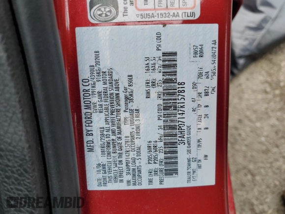 2007 Ford Fusion SE with VIN 3FAHP07147R157818, listed as a Copart auction lot 49644685 with 130,117 mi miles and Salvage Title. Bid and sale history available at DreamBid. Image 14.