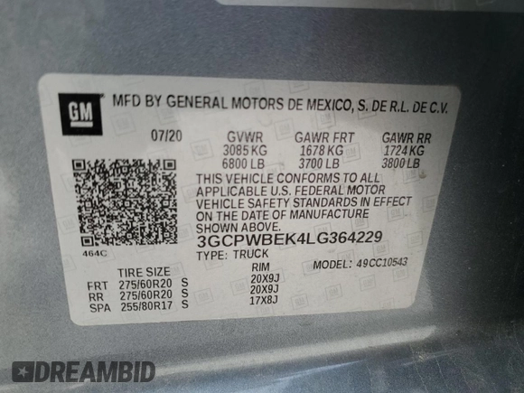 2020 Chevrolet Silverado 1500 Custom with VIN 3GCPWBEK4LG364229, listed as a Copart auction lot 48424615 with 57,742 mi miles and Salvage Title. Bid and sale history available at carsss.com. Image 14.