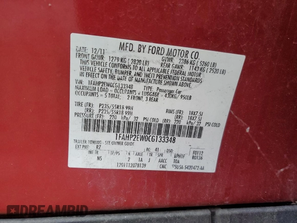 2012 Ford Taurus SEL with VIN 1FAHP2EW0CG133348, listed as a Copart auction lot 83031894 with 231,825 mi miles and Salvage Title. Bid and sale history available at DreamBid. Image 12.