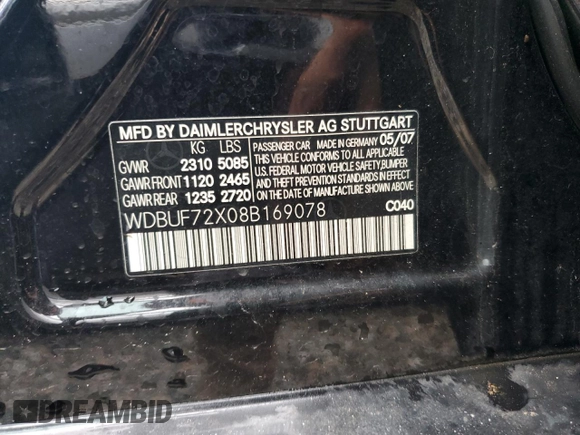 2008 Mercedes-Benz E-Class Sport 5.5L with VIN WDBUF72X08B169078, listed as a Copart auction lot 75093514 with 0 mi miles and Salvage Title. Bid and sale history available at carsss.com. Image 13.