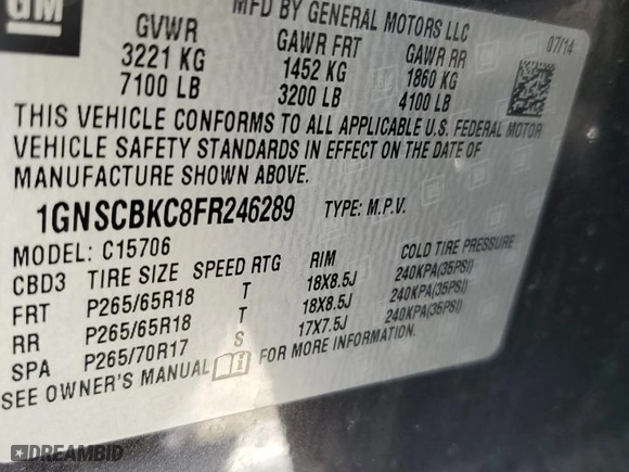 2015 Chevrolet Tahoe LT with VIN 1GNSCBKC8FR246289, listed as a Copart auction lot 47064375 with 102,331 mi miles and Salvage Title. Bid and sale history available at carsss.com. Image 13.