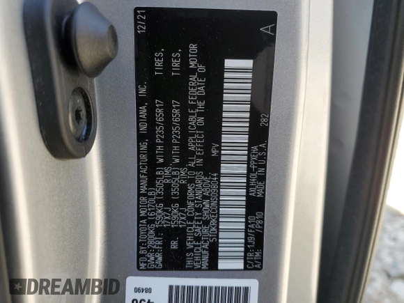 2022 Toyota Sienna LE z VIN 5TDKRKEC0NS098044, wystawiony jako Copart lot #53619535 z przebiegiem 59 252 mil mil oraz Szkoda całkowita • Salvage title. Historia ofert i sprzedaży dostępna na DreamBid. Obrazek 13.