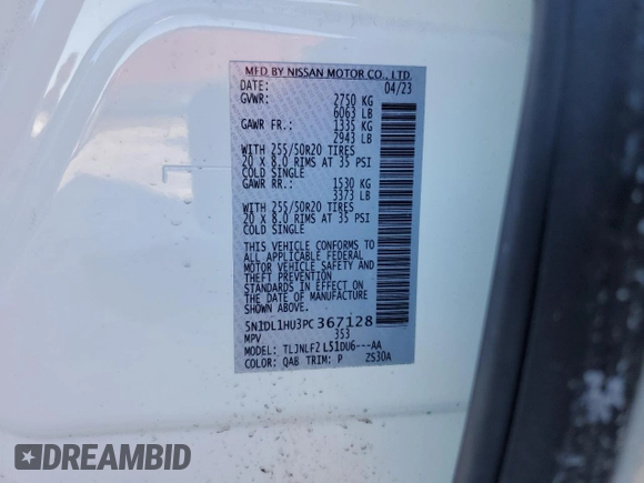 2023 Infiniti QX60 Autograph with VIN 5N1DL1HU3PC367128, listed as a Copart auction lot 46273845 with Not provided miles and Salvage title. Bid and sale history available at DreamBid. Image 15.