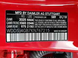 2019 Mercedes-Benz CLA 250 with VIN WDDSJ4GB7KN767215, listed as a Copart auction lot 72575703 with 58,953 mi miles and . Bid and sale history available at DreamBid. Image 14.