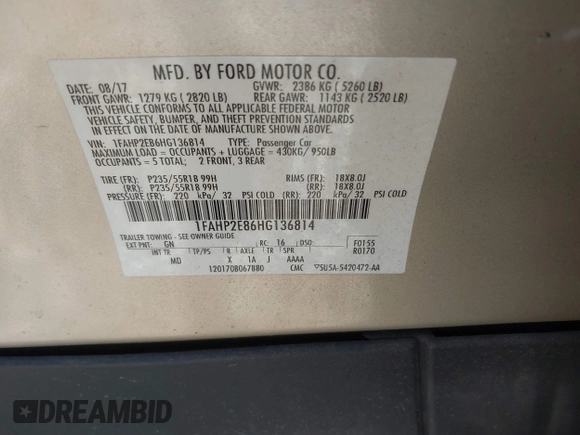 2017 Ford Taurus SEL with VIN 1FAHP2E86HG136814, listed as a IAAI auction lot 42679888 with 83,125 mi miles and . Bid and sale history available at DreamBid. Image 9.