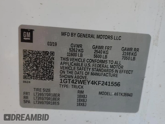 2019 GMC Sierra 3500HD Denali z VIN 1GT42WEY4KF241556, wystawiony jako Copart lot #42368875 z przebiegiem Nie podano mil oraz Szkody całkowita. Historia ofert i sprzedaży dostępna na DreamBid. Obrazek 12.