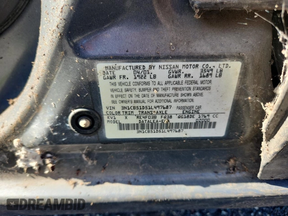 2001 Nissan Sentra GXE with VIN 3N1CB51D51L497687, listed as a Copart auction lot 62727875 with Not provided miles and Non repairable. Bid and sale history available at DreamBid. Image 12.