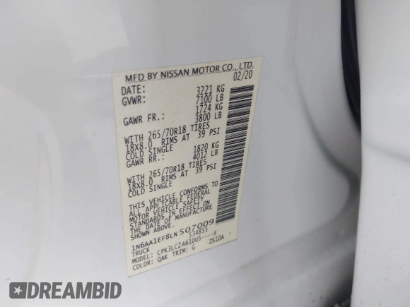2020 Nissan Titan Platinum Reserve with VIN 1N6AA1EF8LN507009, listed as a IAAI auction lot 42480866 with 119,447 mi miles and . Bid and sale history available at DreamBid. Image 9.