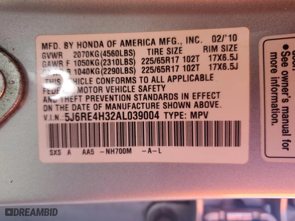 2010 Honda CR-V LX with VIN 5J6RE4H32AL039004, listed as a Copart auction lot 44463295 with 172,610 mi miles and Salvage Title. Bid and sale history available at carsss.com. Image 13.