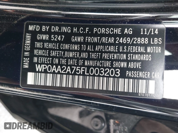 2015 Porsche Panamera 4 с VIN WP0AA2A75FL003203, выставлен на аукционе IAAI как лот 41080482 с пробегом 91 124 миль миль и . История ставок и продаж доступна на DreamBid. Изображение 9.