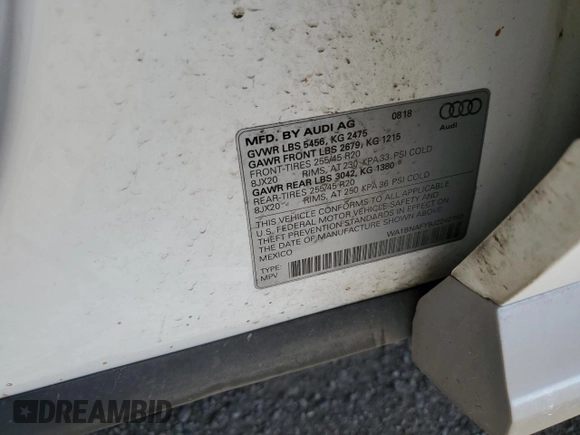 2018 Audi Q5 Premium Plus with VIN WA1BNAFY9J2240760, listed as a Copart auction lot 57845134 with 0 mi miles and Salvage Title. Bid and sale history available at carsss.com. Image 13.