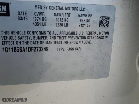 2013 Chevrolet Malibu LS with VIN 1G11B5SA1DF273249, listed as a Copart auction lot 57922304 with 90,102 mi miles and Salvage Title. Bid and sale history available at carsss.com. Image 12.