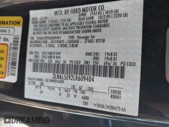 2020 Lincoln MKZ Reserve with VIN 3LN6L5E92LR609404, listed as a IAAI auction lot 42402524 with 44,271 mi miles and . Bid and sale history available at DreamBid. Image 9.