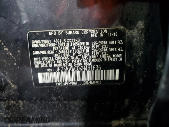 2019 Subaru Forester Touring with VIN JF2SKAWC0KH461635, listed as a Copart auction lot 51739445 with 82,287 mi miles and Salvage Title. Bid and sale history available at carsss.com. Image 14.