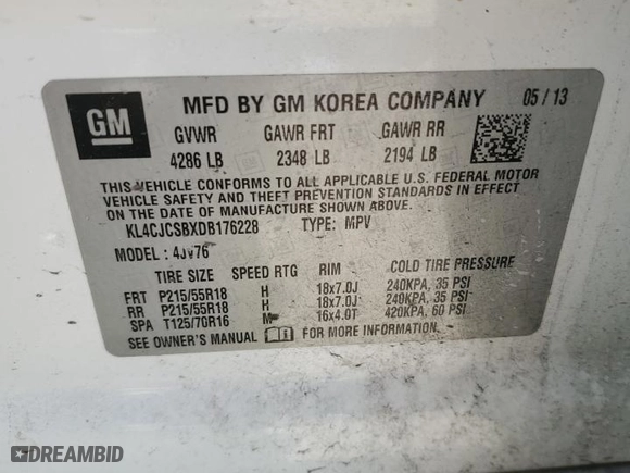 2013 Buick Encore Leather with VIN KL4CJCSBXDB176228, listed as a Copart auction lot 47172825 with 149,607 mi miles and Salvage Title. Bid and sale history available at carsss.com. Image 13.