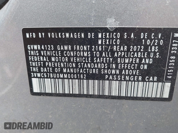 2021 Volkswagen Jetta S с VIN 3VWC57BU0MM006162, выставлен на аукционе IAAI как лот 42726664 с пробегом 109 376 миль миль и . История ставок и продаж доступна на DreamBid. Изображение 9.