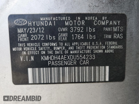 2013 Hyundai Elantra Limited with VIN KMHDH4AEXDU554233, listed as a Copart auction lot 56583285 with 183,759 mi miles and Clean Title. Bid and sale history available at DreamBid. Image 12.