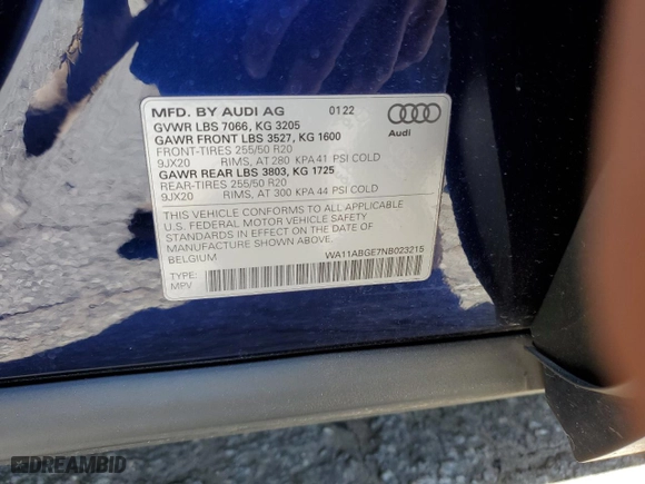 2022 Audi e-tron Sportback S line Premium with VIN WA11ABGE7NB023215, listed as a Copart auction lot 47039524 with 17,005 mi miles. Bid and sale history available at carsss.com. Image 12.