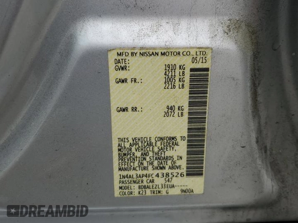 2015 Nissan Altima 2.5 z VIN 1N4AL3AP4FC438526, wystawiony jako Copart lot #54361345 z przebiegiem 135 577 mil mil oraz Szkoda całkowita • Salvage title. Historia ofert i sprzedaży dostępna na DreamBid. Obrazek 13.