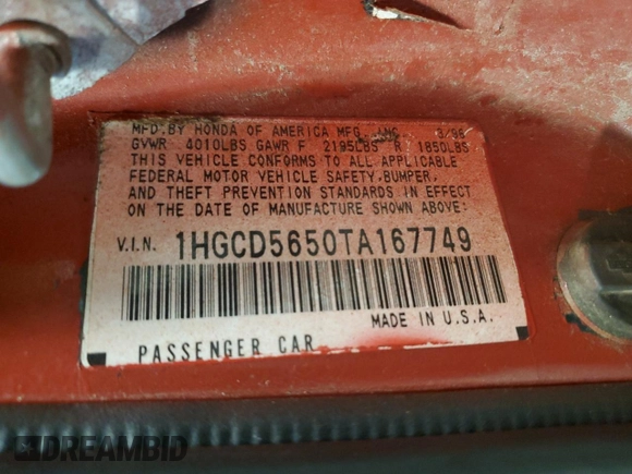 1996 Honda Accord EX with VIN 1HGCD5650TA167749, listed as a Copart auction lot 80618404 with 208,070 mi miles and Salvage Title. Bid and sale history available at DreamBid. Image 13.