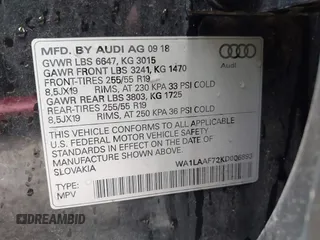 2019 Audi Q7 Premium Plus z VIN WA1LAAF72KD006893, wystawiony jako IAAI lot #42336243 z przebiegiem 61 330 mil mil oraz . Historia ofert i sprzedaży dostępna na DreamBid. Obrazek 9.