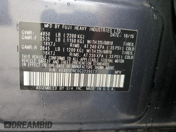2016 Subaru Outback Limited with VIN 4S4BSENC0G3239071, listed as a Copart auction lot 60319515 with 70,325 mi miles and Salvage title. Bid and sale history available at DreamBid. Image 13.