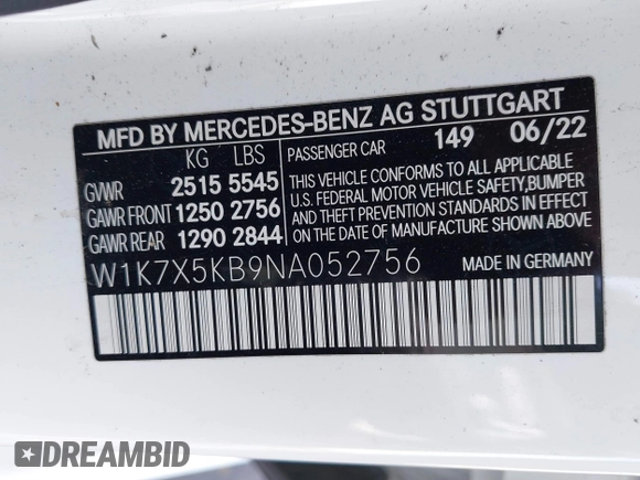 2022 Mercedes-Benz AMG GT with VIN W1K7X5KB9NA052756, listed as a IAAI auction lot 41592971 with 21,418 mi miles. Bid and sale history available at carsss.com. Image 9.