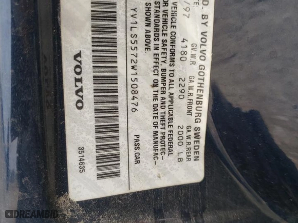 1998 Volvo S70 with VIN YV1LS5572W1508476, listed as a Copart auction lot 45395075 with 126,446 mi miles and Salvage Title. Bid and sale history available at carsss.com. Image 14.
