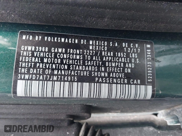2018 Volkswagen Beetle S z VIN 3VWFD7AT7JM714915, wystawiony jako IAAI lot #41416623 z przebiegiem 49 134 mil mil oraz . Historia ofert i sprzedaży dostępna na DreamBid. Obrazek 9.
