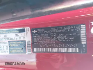 2009 MINI Convertible with VIN WMWMR33569TU95961, listed as a IAAI auction lot 41689845 with 107,934 mi miles and . Bid and sale history available at DreamBid. Image 9.