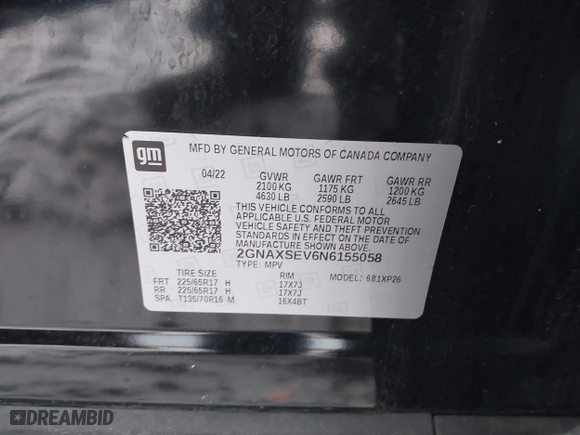 2022 Chevrolet Equinox LS with VIN 2GNAXSEV6N6155058, listed as a IAAI auction lot 41116784 with 120,918 mi miles. Bid and sale history available at carsss.com. Image 9.
