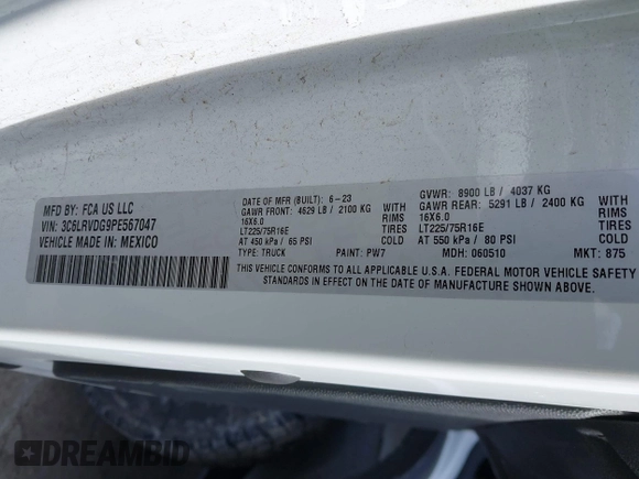 2023 Ram ProMaster Cargo with VIN 3C6LRVDG9PE567047, listed as a IAAI auction lot 41748863 with 186,717 mi miles. Bid and sale history available at carsss.com. Image 9.