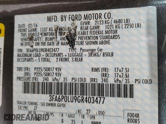 2016 Ford Fusion SE Hybrid with VIN 3FA6P0LU9GR403477, listed as a Copart auction lot 53327545 with 145,826 mi miles and Salvage Title. Bid and sale history available at carsss.com. Image 12.
