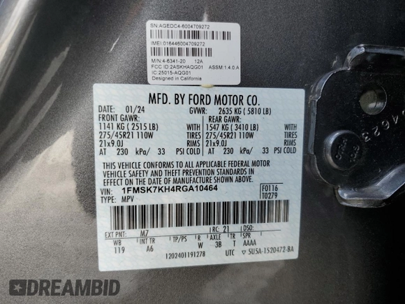 2024 Ford Explorer ST-Line with VIN 1FMSK7KH4RGA10464, listed as a Copart auction lot 43239635 with 4,786 mi miles and Salvage Title. Bid and sale history available at carsss.com. Image 13.