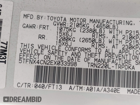 2014 Toyota Tacoma with VIN 5TFNX4CN2EX033998, listed as a IAAI auction lot 41741552 with 160,576 mi miles and . Bid and sale history available at DreamBid. Image 9.