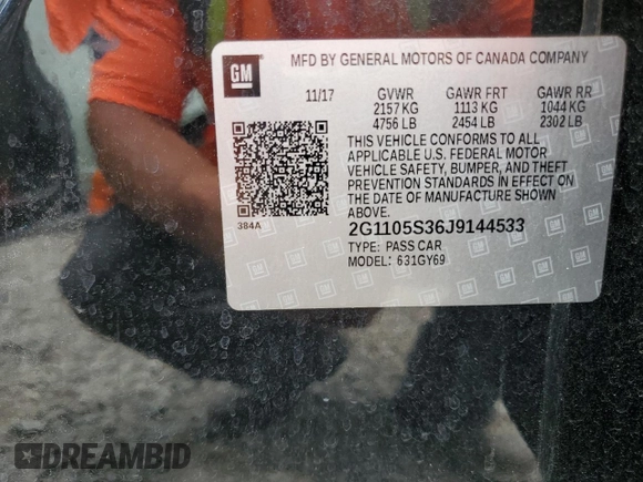 2018 Chevrolet Impala LT with VIN 2G1105S36J9144533, listed as a Copart auction lot 53897875 with 100,956 mi miles and Salvage Title. Bid and sale history available at DreamBid. Image 12.