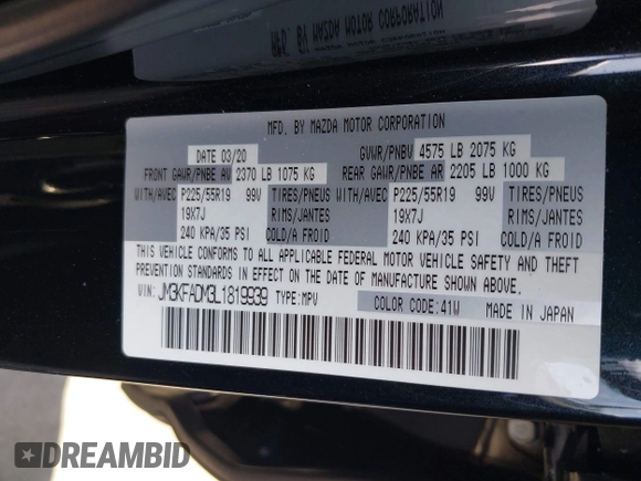 2020 Mazda CX-5 Grand Touring with VIN JM3KFADM3L1819939, listed as a IAAI auction lot 42749920 with 35,407 mi miles and . Bid and sale history available at DreamBid. Image 9.