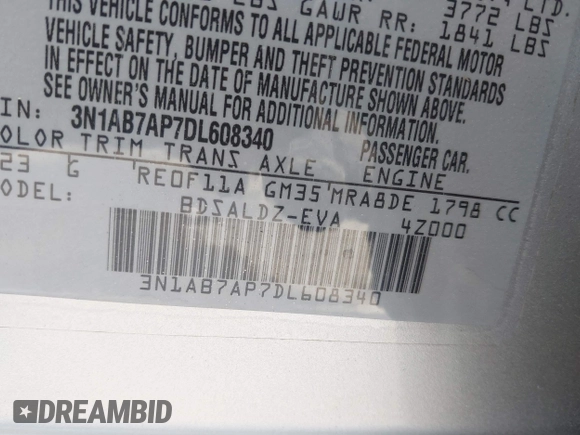 2013 Nissan Sentra S with VIN 3N1AB7AP7DL608340, listed as a IAAI auction lot 41864052 with Not Provided miles and . Bid and sale history available at DreamBid. Image 9.