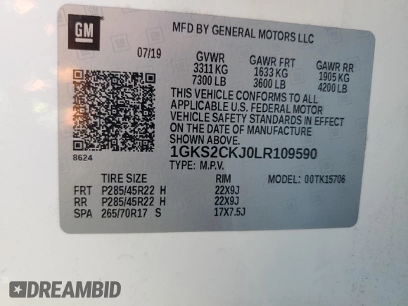 2020 GMC Yukon Denali with VIN 1GKS2CKJ0LR109590, listed as a Copart auction lot 68700384 with 55,310 mi miles and Salvage Title. Bid and sale history available at carsss.com. Image 12.