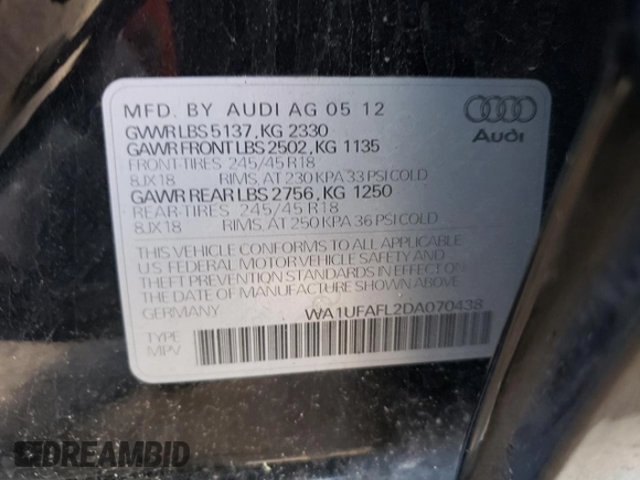 2013 Audi allroad Premium Plus with VIN WA1UFAFL2DA070438, listed as a Copart auction lot 58755553 with 109,466 mi miles and Salvage Title. Bid and sale history available at carsss.com. Image 13.