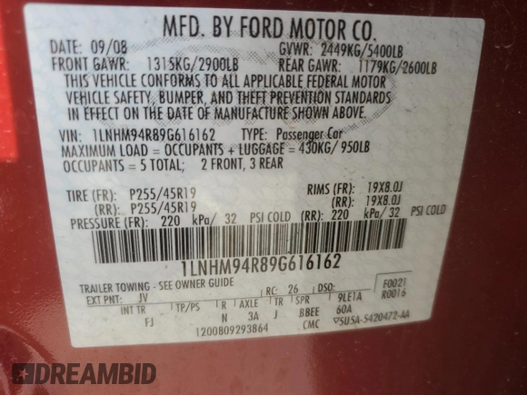 2009 Lincoln MKS with VIN 1LNHM94R89G616162, listed as a Copart auction lot 49903335 with Not Provided miles and Salvage Title. Bid and sale history available at DreamBid. Image 14.