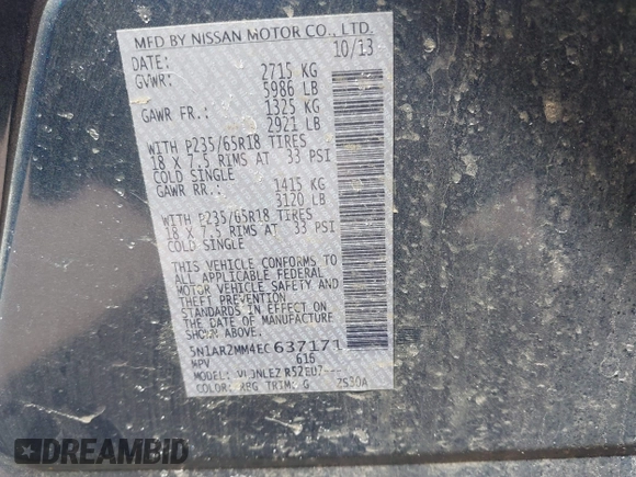 2014 Nissan Pathfinder SV with VIN 5N1AR2MM4EC637171, listed as a IAAI auction lot 42165474 with 152,543 mi miles. Bid and sale history available at carsss.com. Image 9.