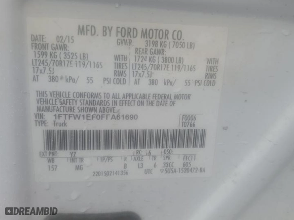 2015 Ford F-150 XLT w/HD Payload Pkg with VIN 1FTFW1EF0FFA61690, listed as a Copart auction lot 54178775 with 0 mi miles and Salvage Title. Bid and sale history available at carsss.com. Image 12.
